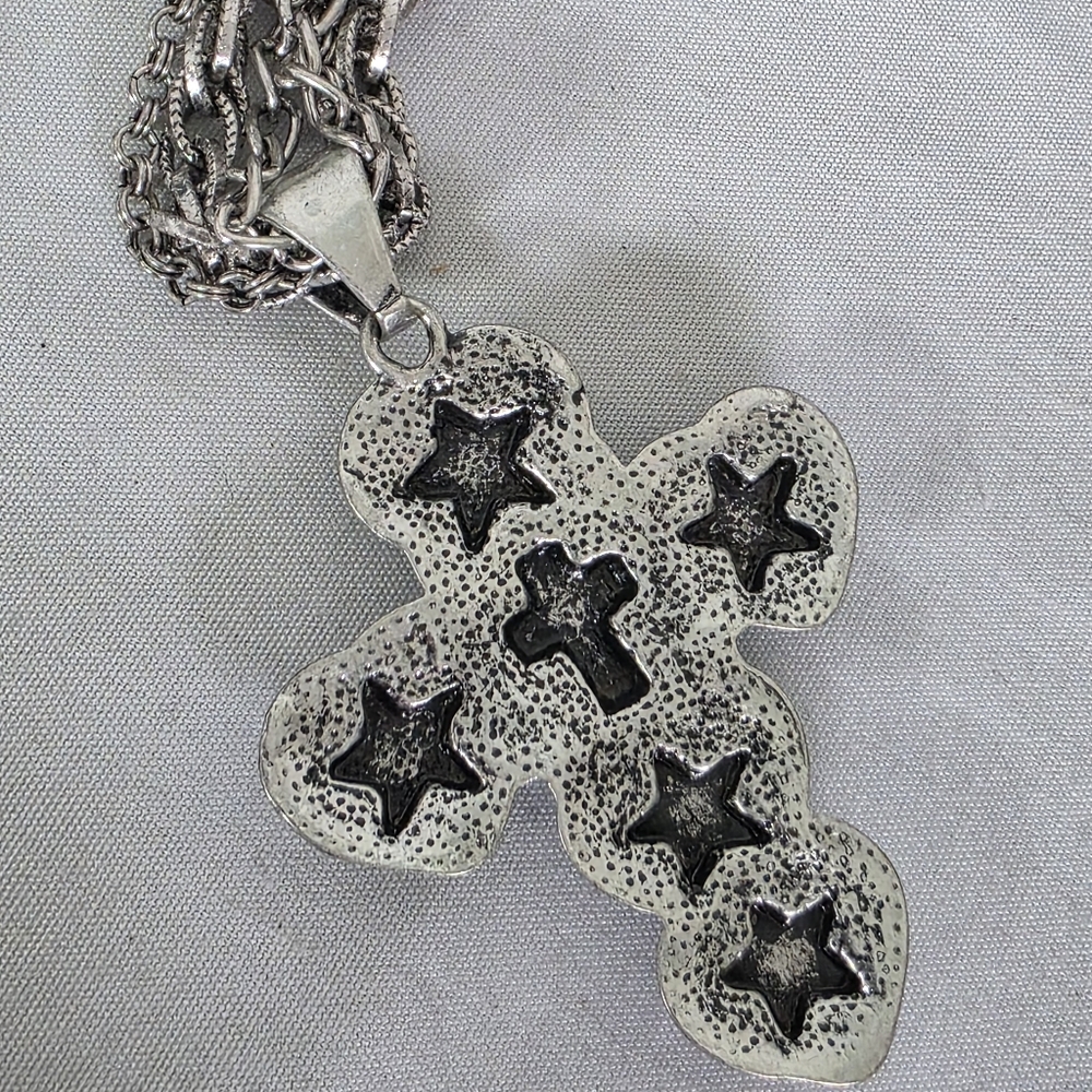 Statement Silver Multi Chain Necklace with Large Cross Pendant & Earrings Set - Picture 7 of 13